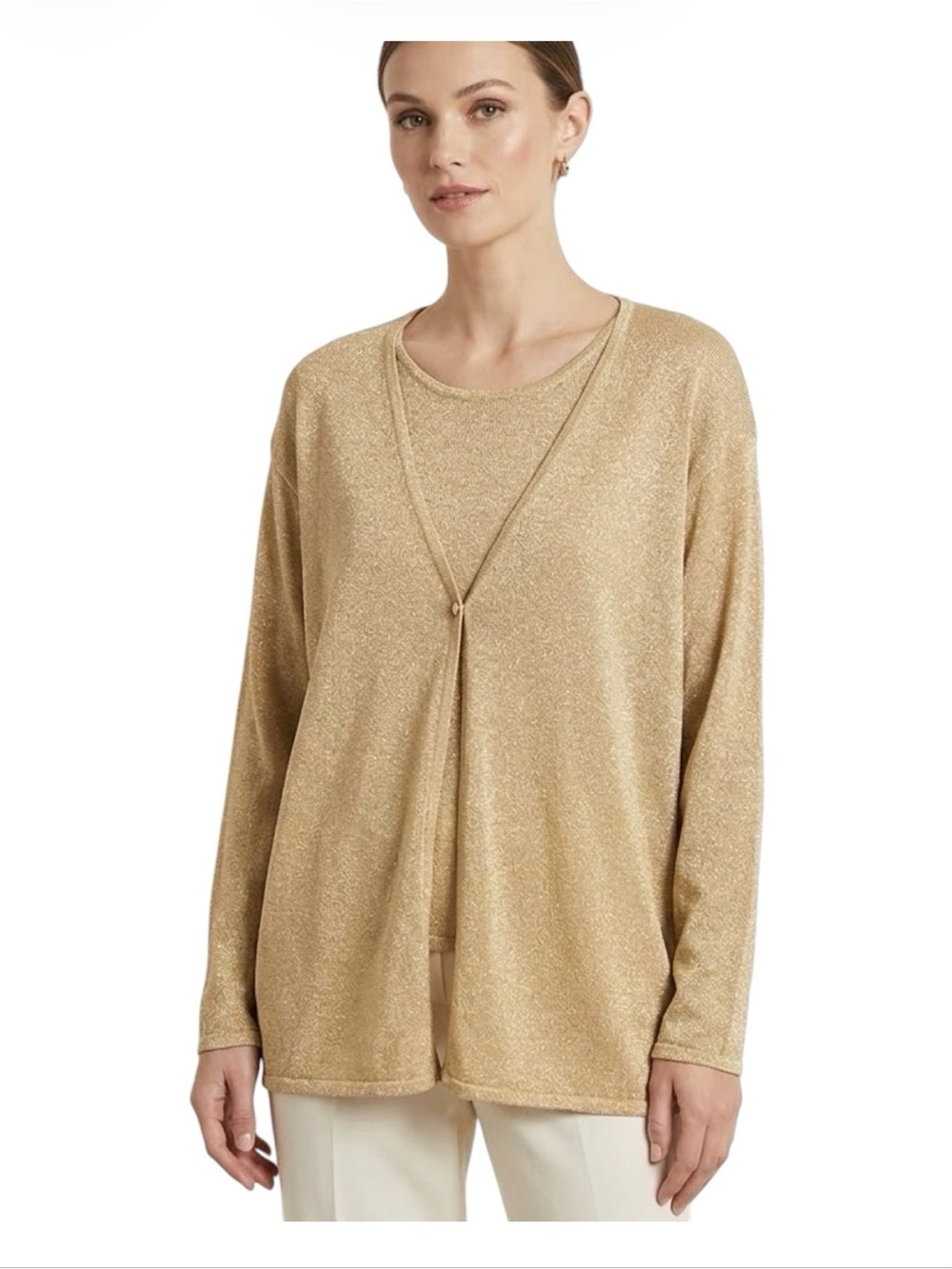 Vintage Gold Metallic Shimmer Silk Faux Twin Set Sweater Pearl Button L Holiday